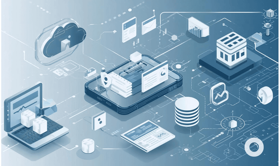 Isometrische Illustration, die eine Technologielandschaft mit einem Laptop, einem Smartphone und einem Cloud-Symbol darstellt, die durch ein Netzwerk von Linien und Symbolen verbunden sind und Datenspeicherung und -verarbeitung repräsentieren.