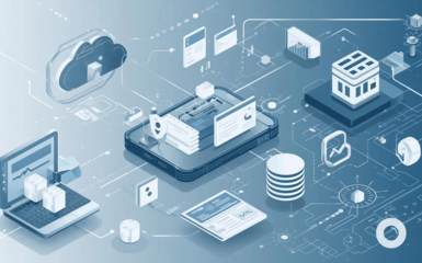 Isometric illustration depicting a technology landscape with a laptop, smartphone, and cloud icon connected by a network of lines and symbols representing data storage and processing.