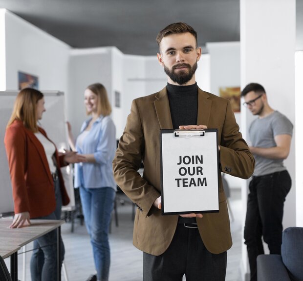 Ein Mann im Büro hält ein Clipboard mit der Aufschrift "Treten Sie unserem Team bei"
