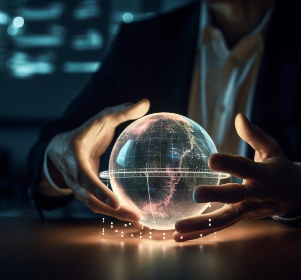 A man holding a hologram of a globe 