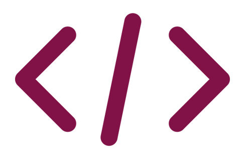  IT symbol with a pair of arrows and a slash in purple and white.