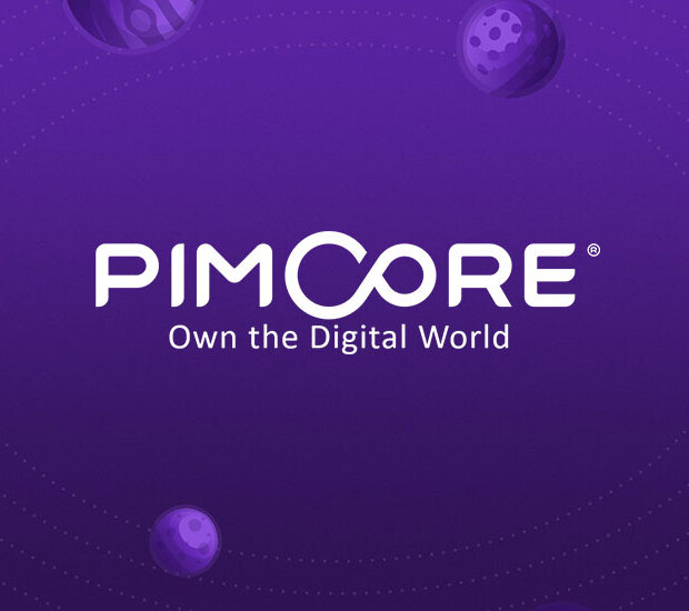 Pimcore logo on purple background with planets